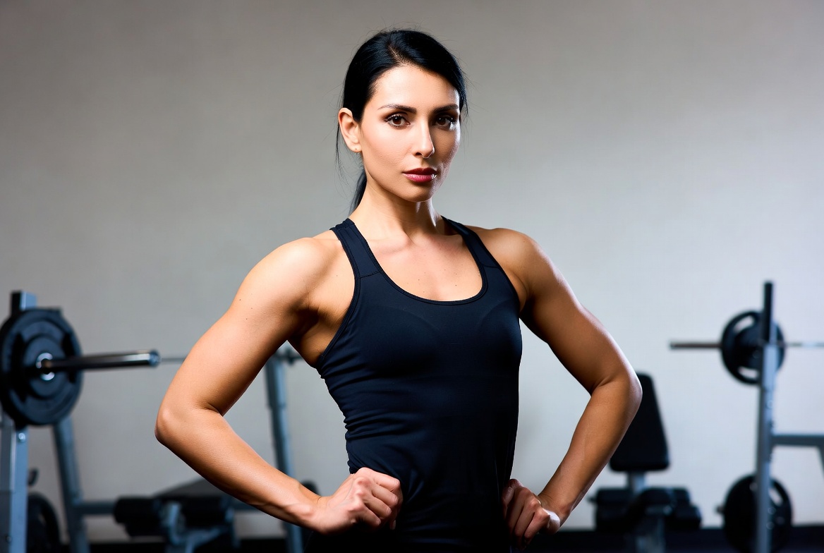 Woman in gym poses confidently for workout Woman in gym poses confidently for workout