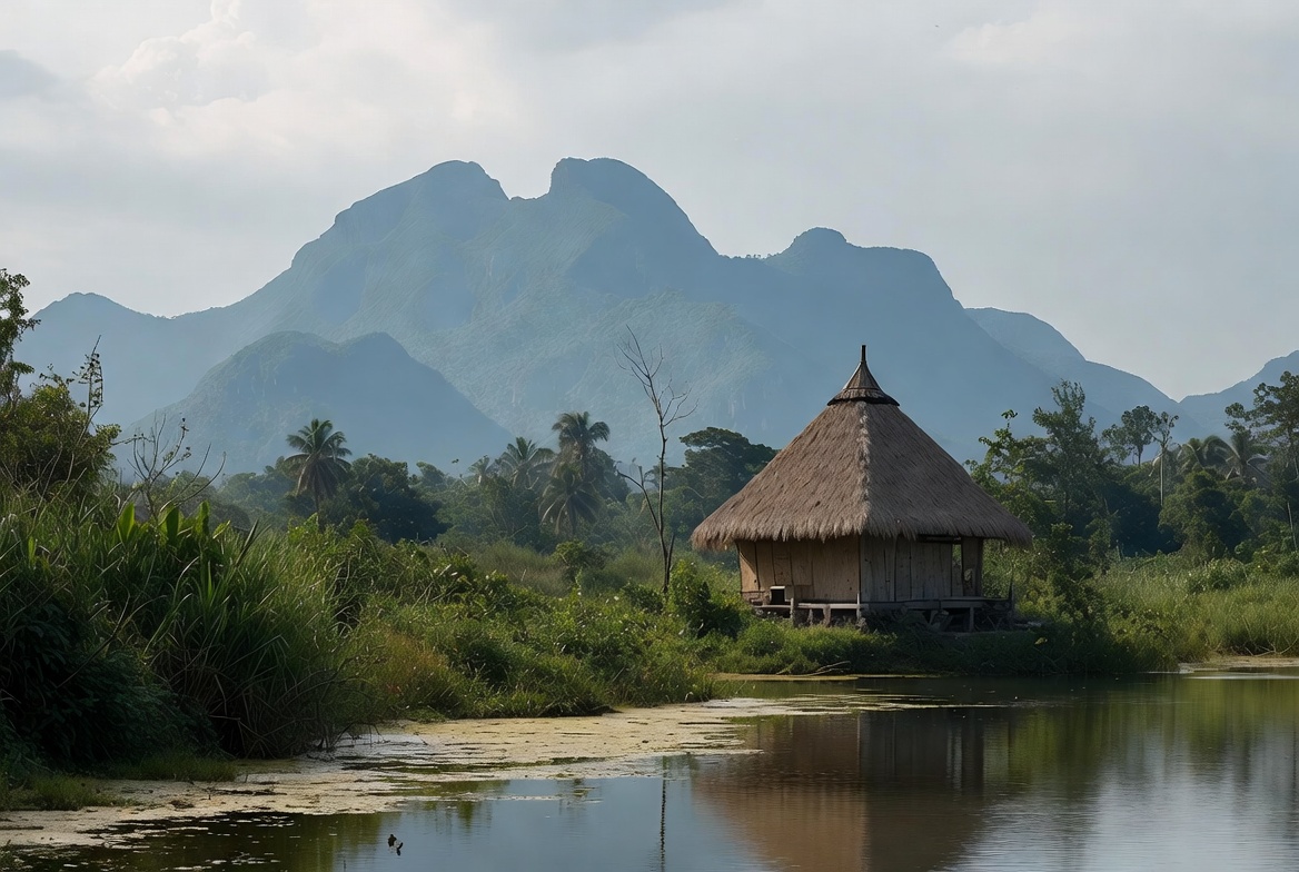 Hut by the river and mountains Hut by the river and mountains