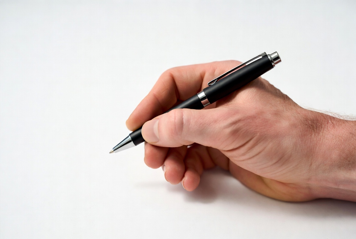 Hand holding a pen on white surface Hand holding a pen on white surface