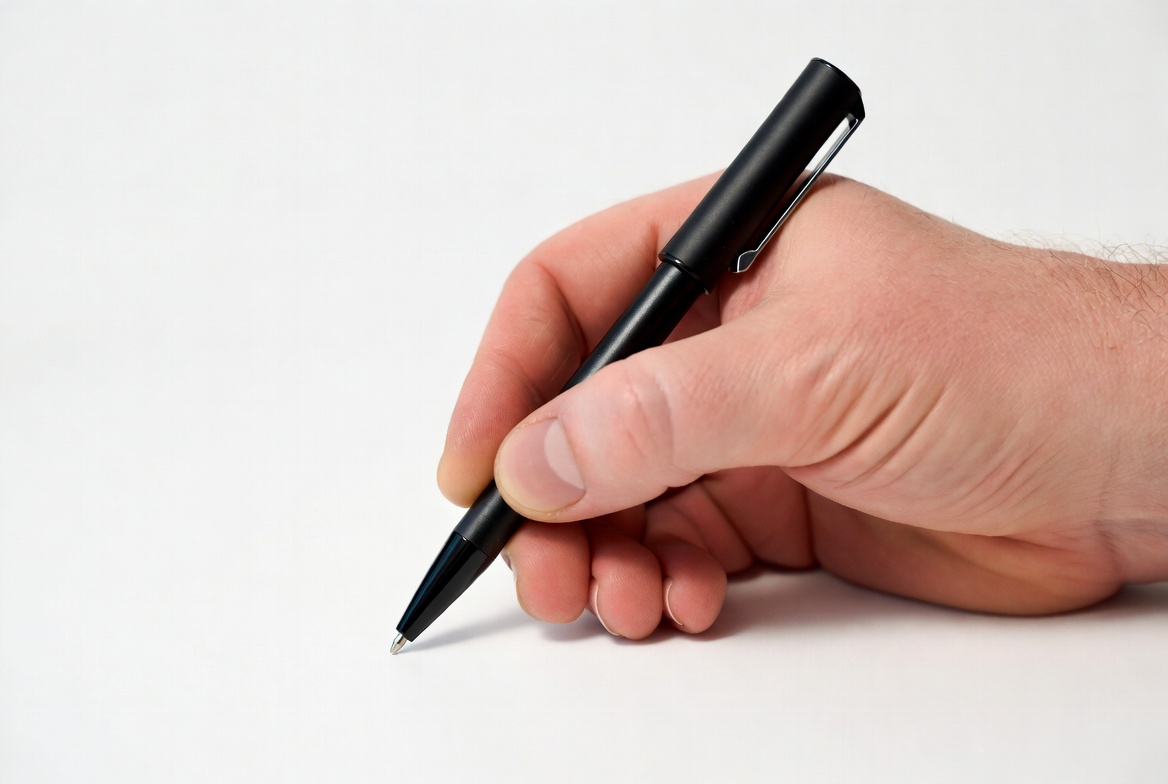 Hand holding a black pen on white paper Hand holding a black pen on white paper