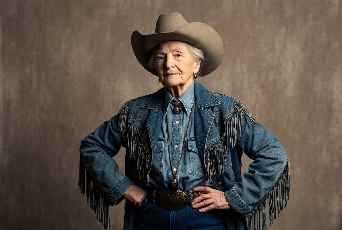 Senior woman in cowboy attire indoors Senior woman in cowboy attire indoors