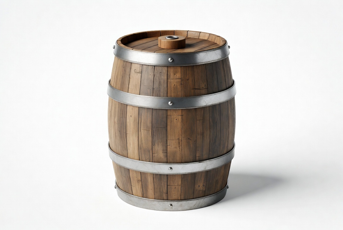 Wooden barrel with metal bands Wooden barrel with metal bands
