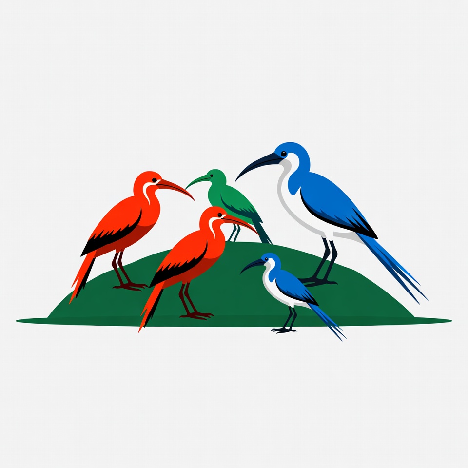 Colorful birds on green hill Colorful birds on green hill