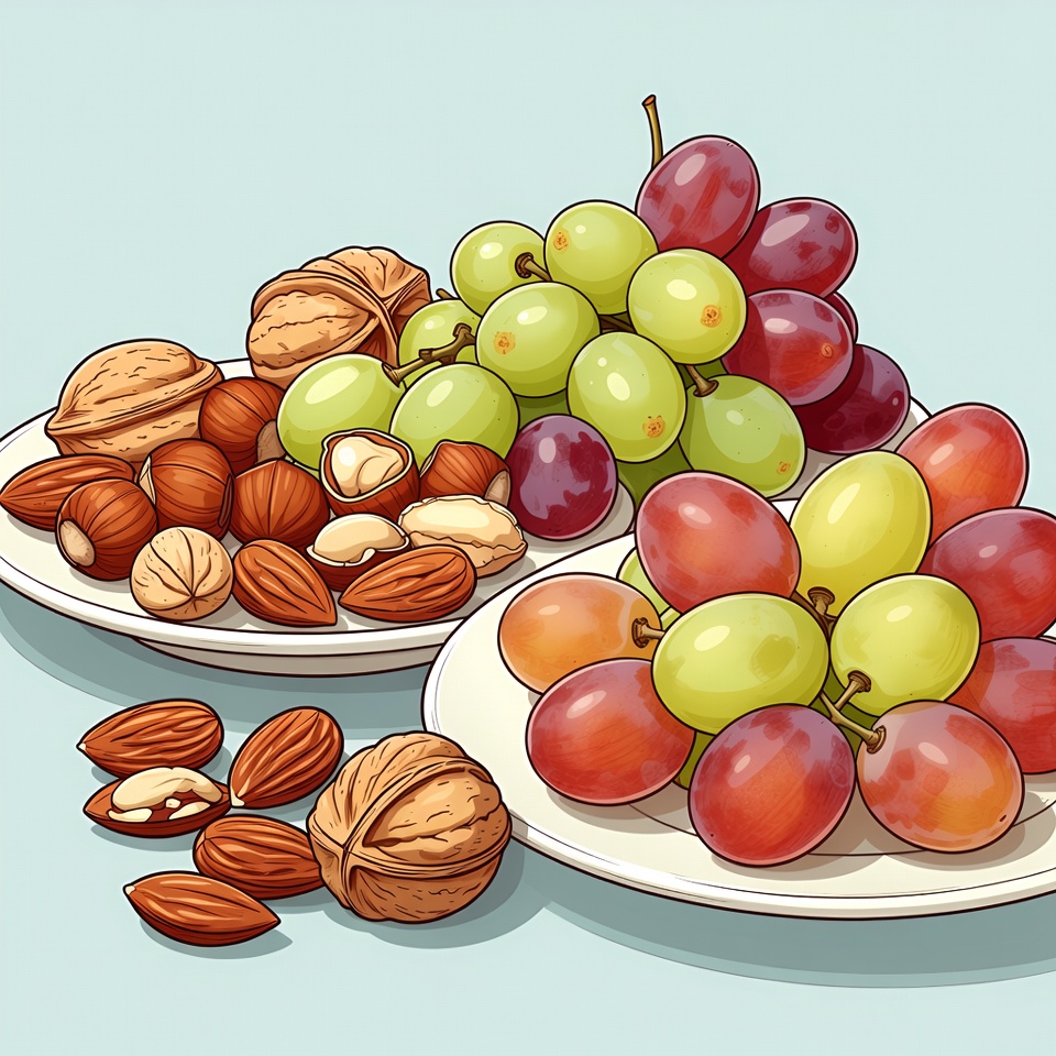 Fresh fruits and nuts on plates Fresh fruits and nuts on plates