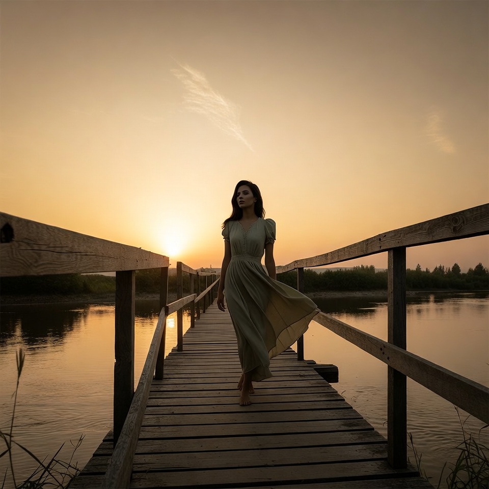 Woman walking on dock at sunset Woman walking on dock at sunset