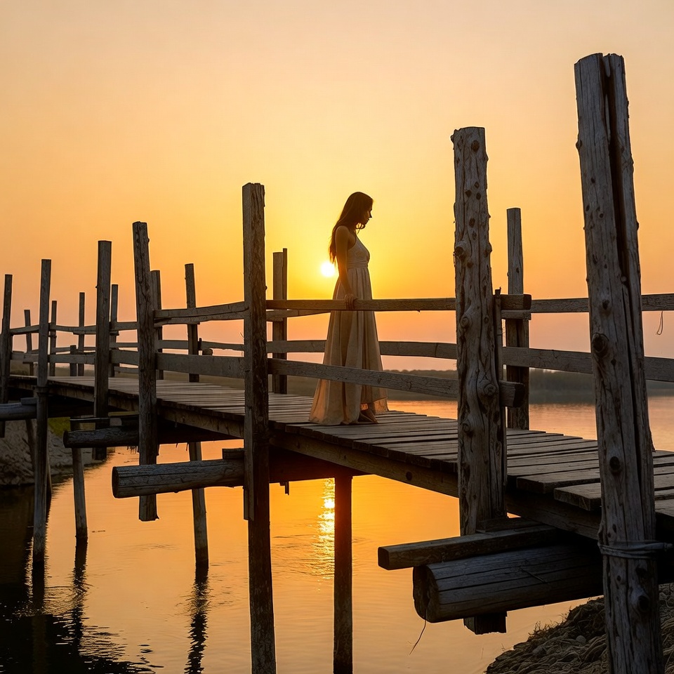 Woman walking on bridge at sunset Woman walking on bridge at sunset