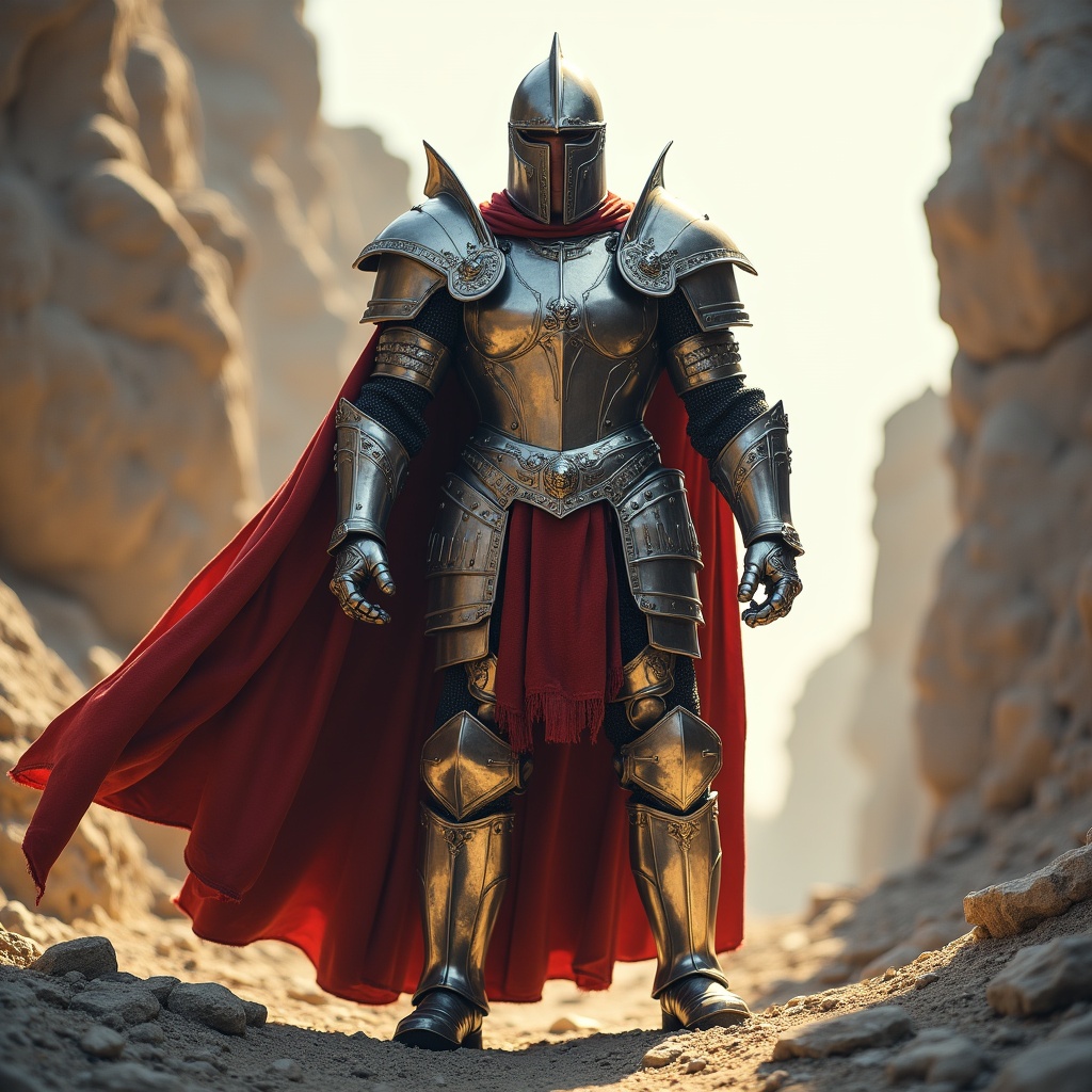 Knight in armor stands in rocky canyon Knight in armor stands in rocky canyon