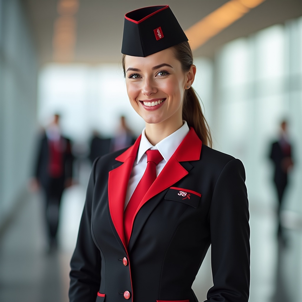 Flight attendant in uniform at airport Flight attendant in uniform at airport