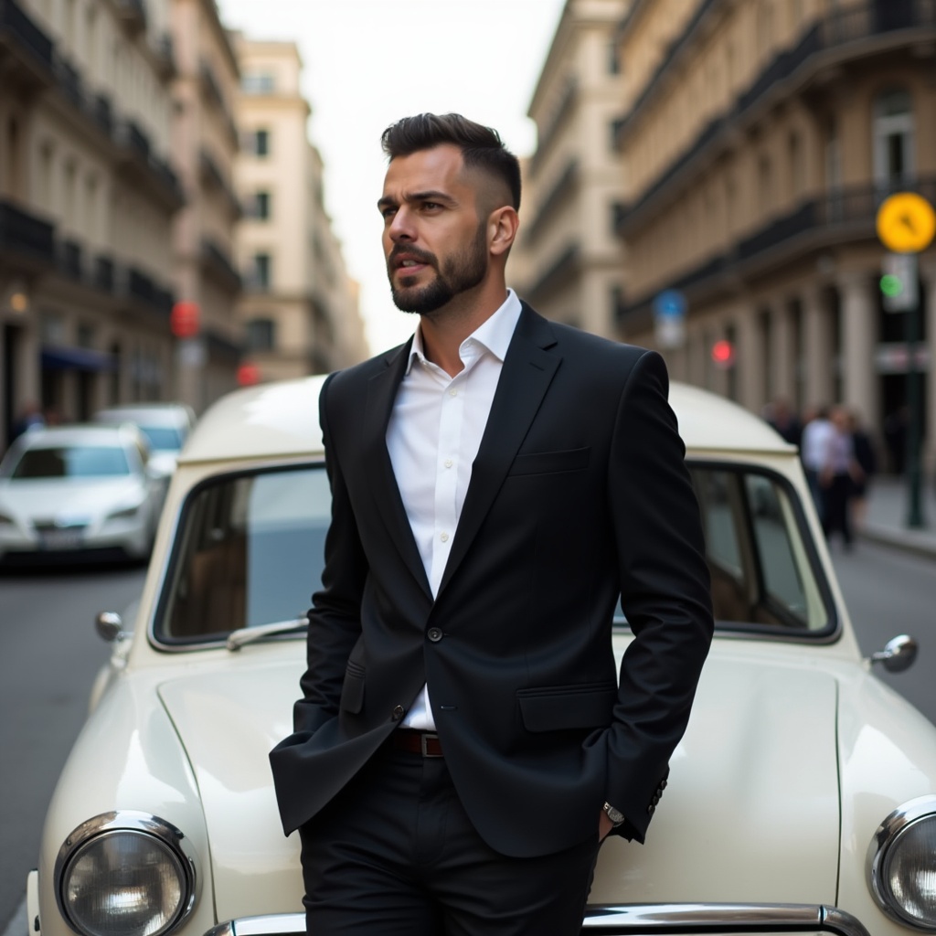 Man in suit by classic car Man in suit by classic car