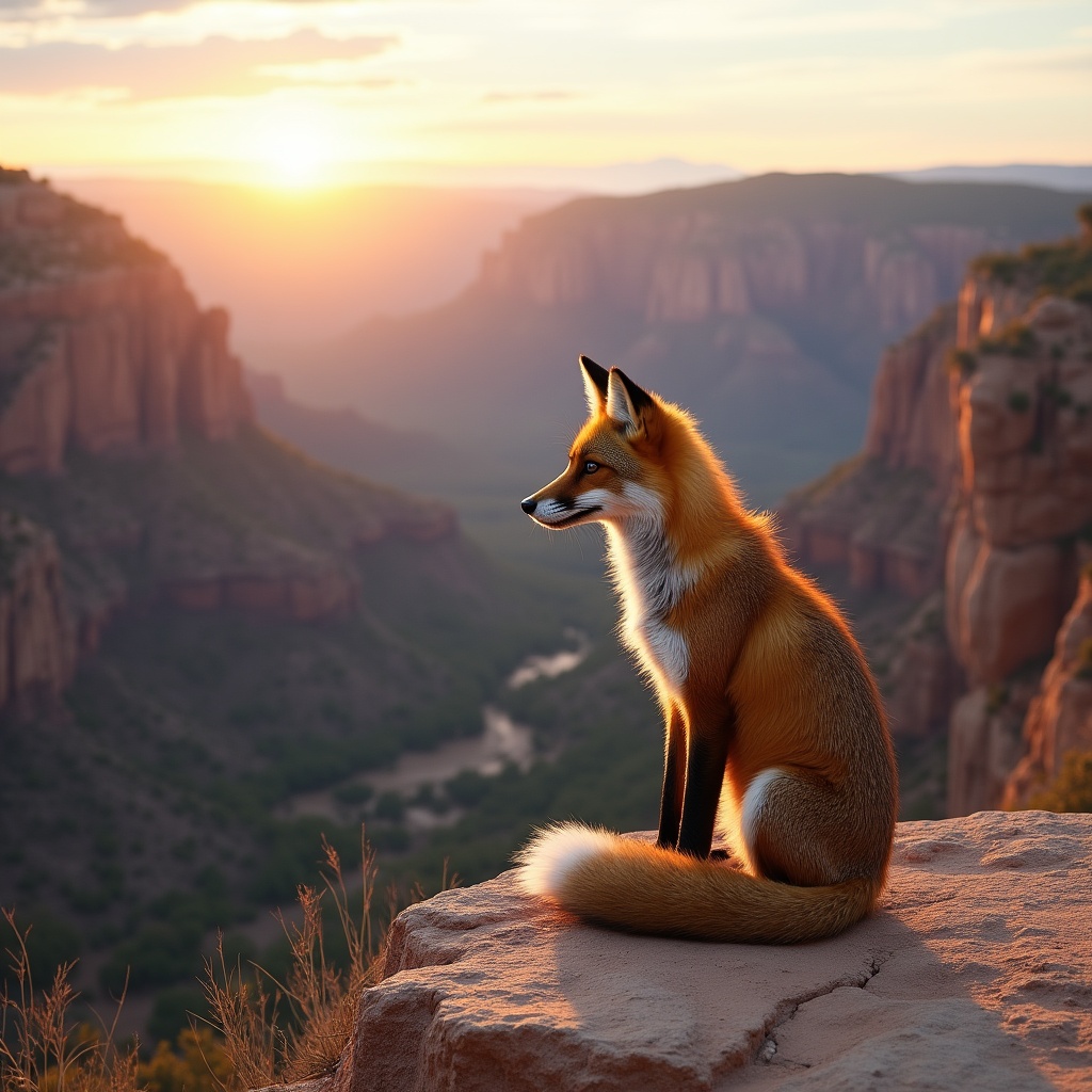 Fox sitting at sunset over canyon Fox sitting at sunset over canyon