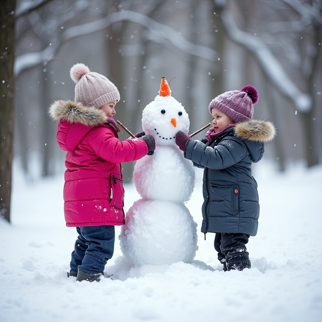 Kids build snowman in winter Kids build snowman in winter