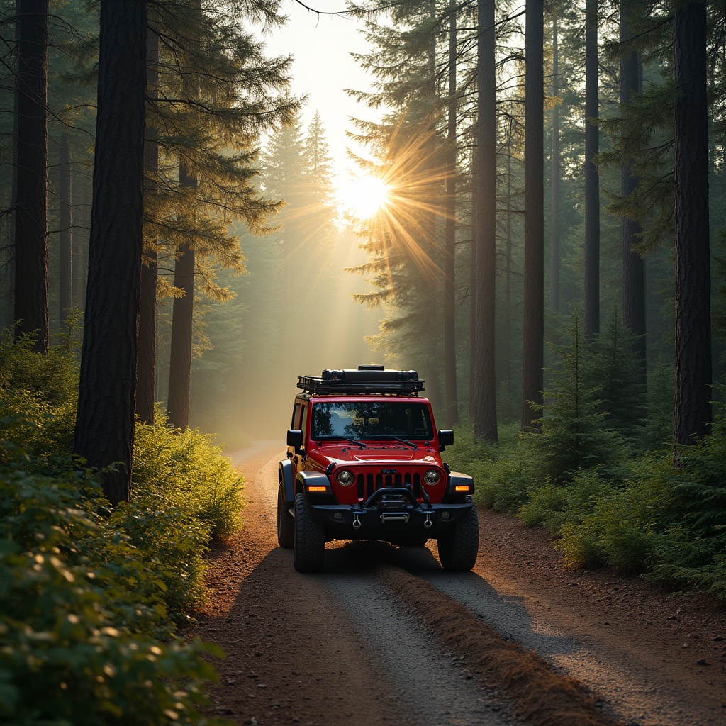 Jeep driving through forest at sunset Jeep driving through forest at sunset