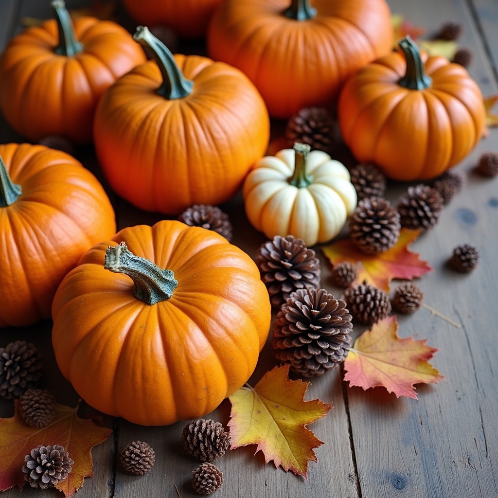 Pumpkins and pine cones in fall Pumpkins and pine cones in fall