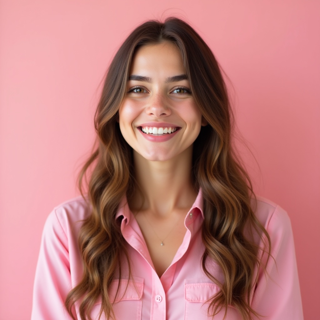 Woman smiling in front of pink Woman smiling in front of pink