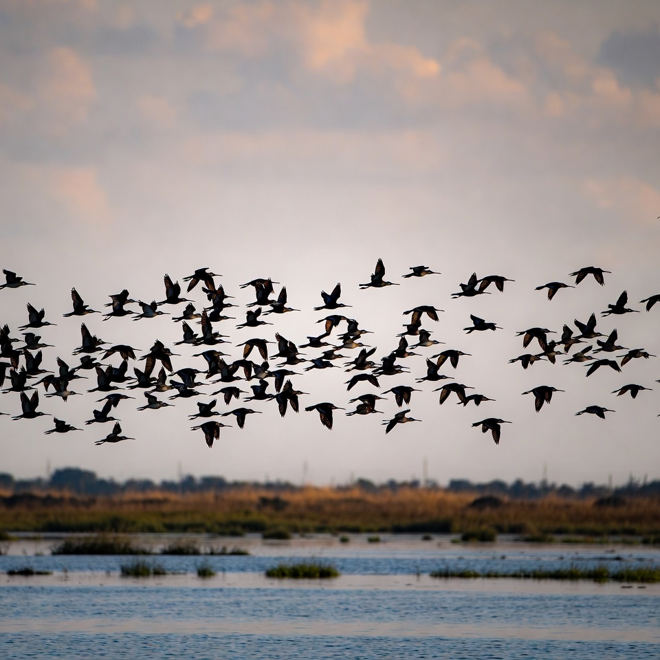 Flock of birds in evening sky Flock of birds in evening sky