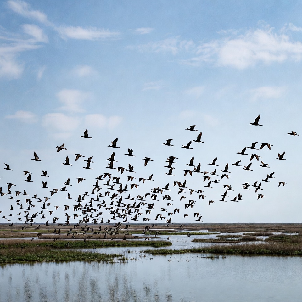 Birds flying over a wetland area Birds flying over a wetland area