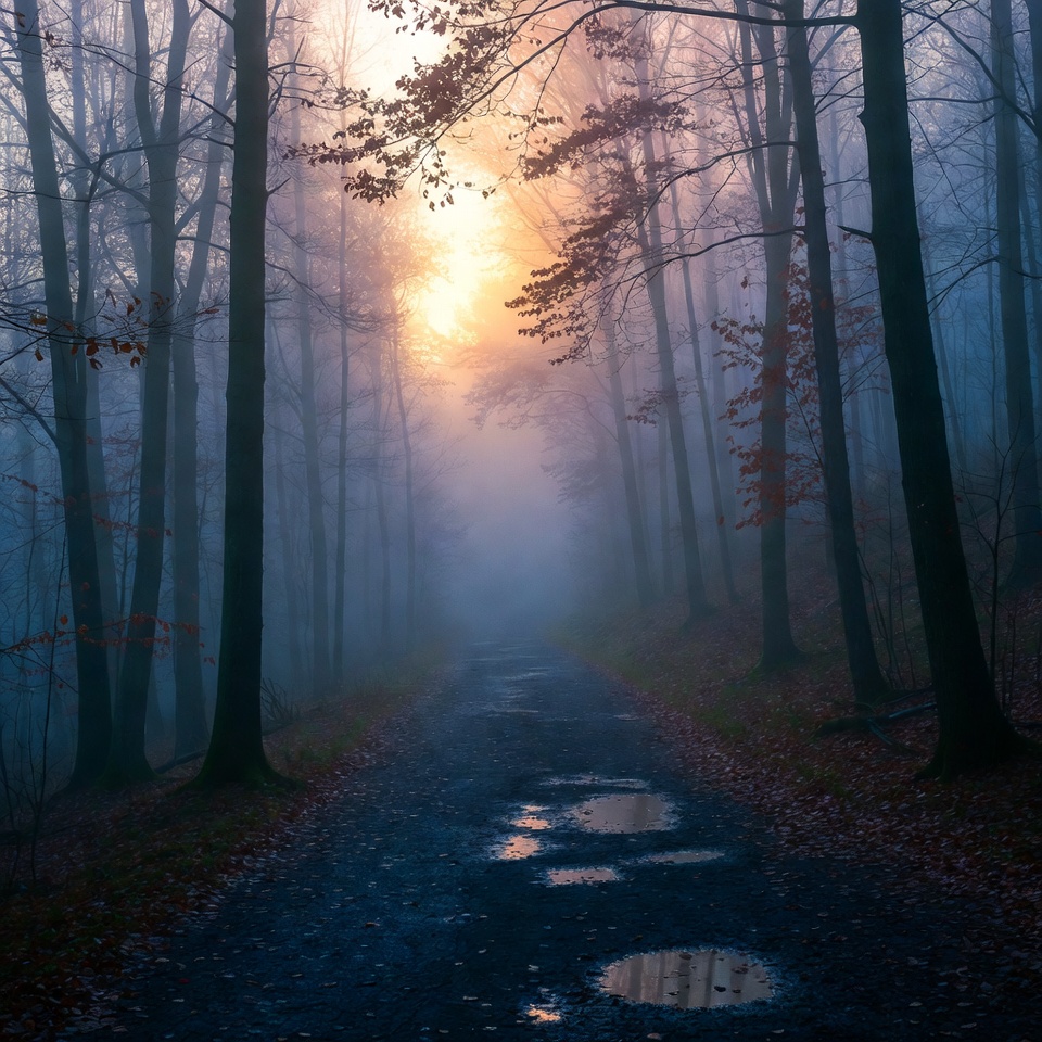 Foggy forest path at dawn Foggy forest path at dawn