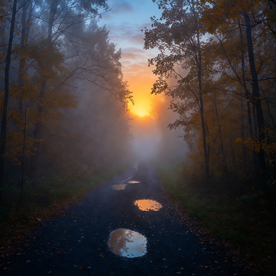 Sunrise through fog in the forest Sunrise through fog in the forest