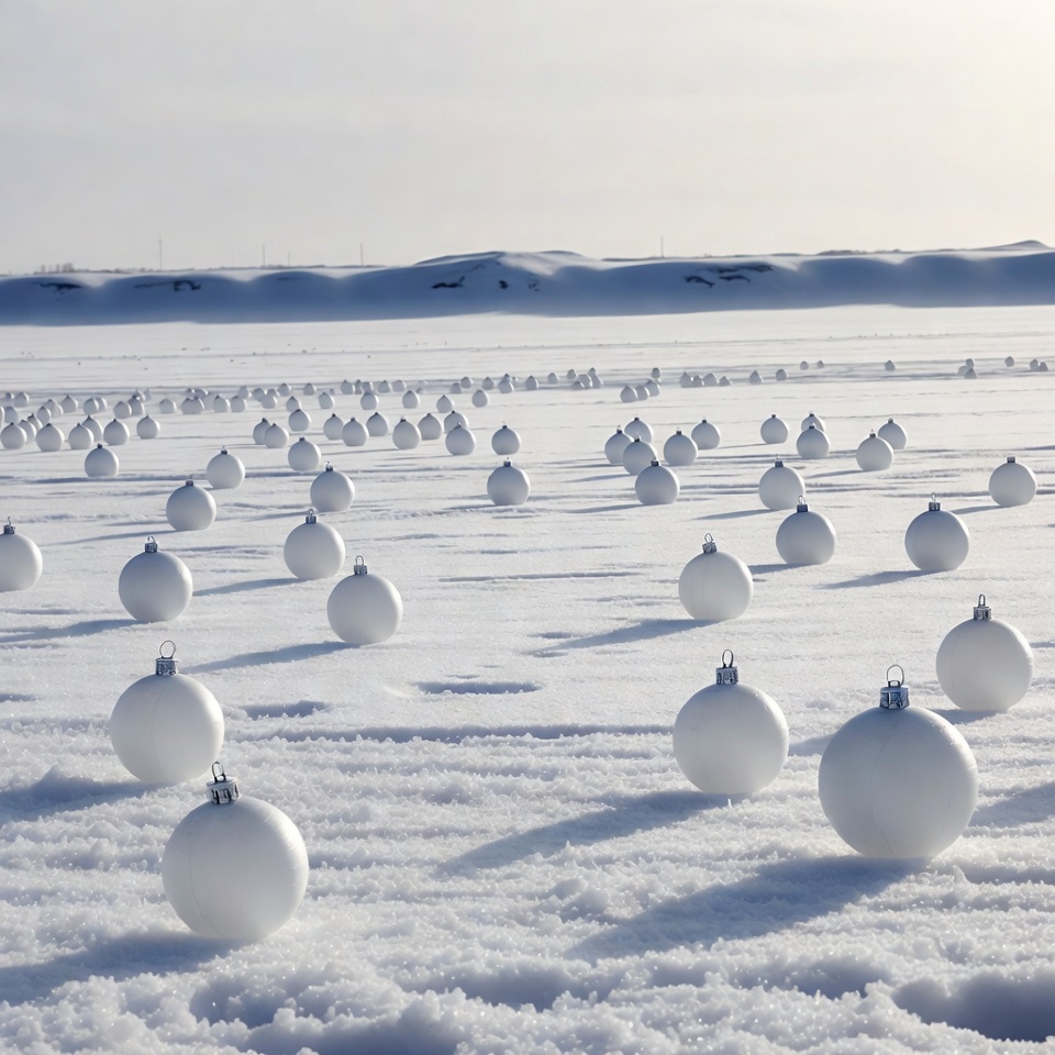 White balls on snowy landscape White balls on snowy landscape