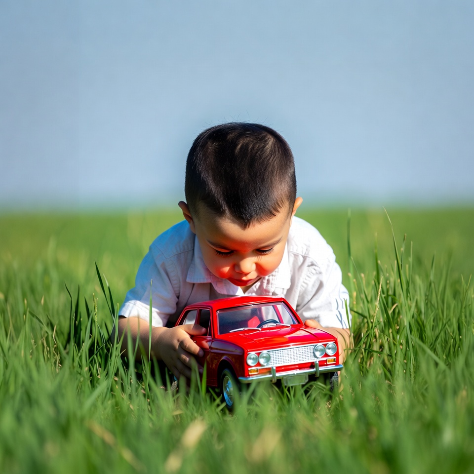 Boy playing with a toy car outside Boy playing with a toy car outside