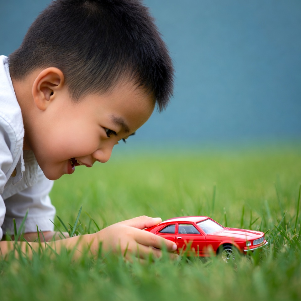Boy playing with toy car on grass Boy playing with toy car on grass