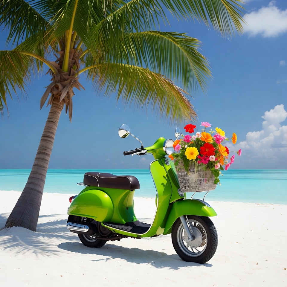 Green scooter by the beach Green scooter by the beach