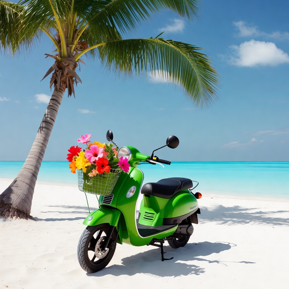 Green scooter on tropical beach Green scooter on tropical beach