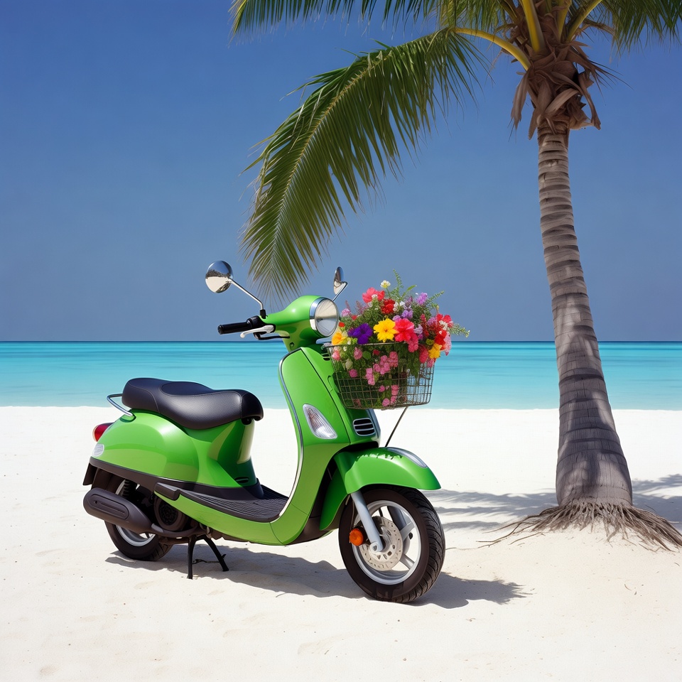 Green scooter parked on beach sand Green scooter parked on beach sand