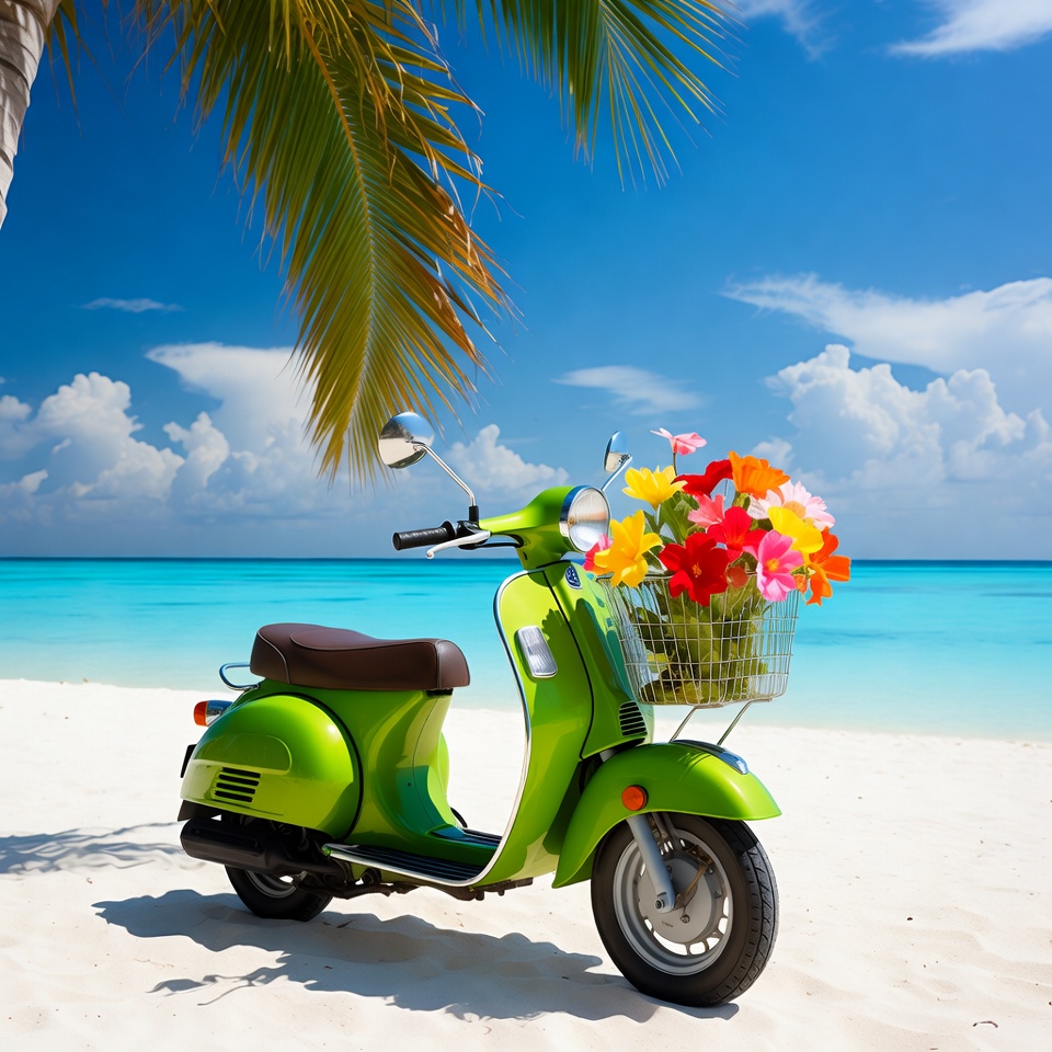 Scooter with flowers on beach Scooter with flowers on beach