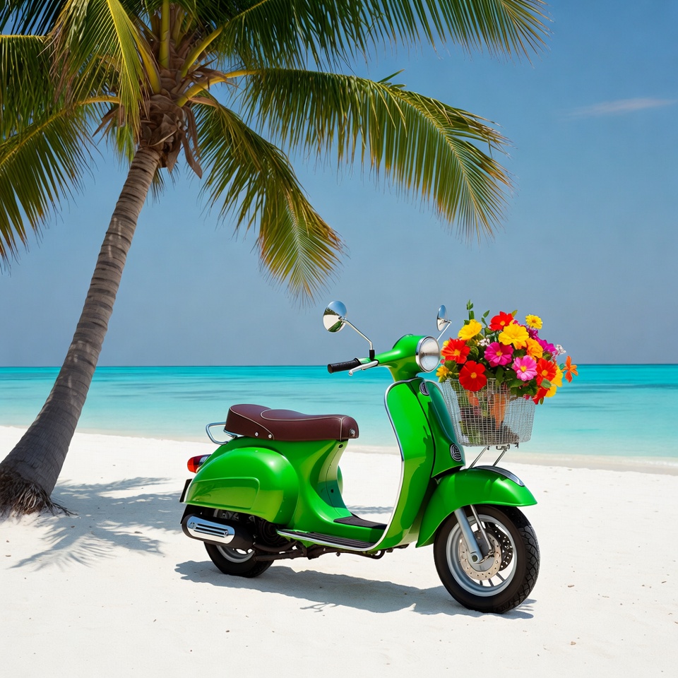 Green scooter on tropical beach Green scooter on tropical beach