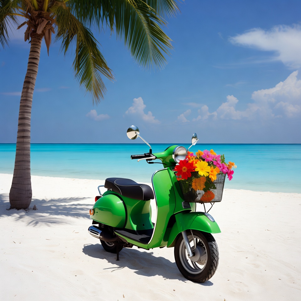 Green scooter by the beach with flowers Green scooter by the beach with flowers