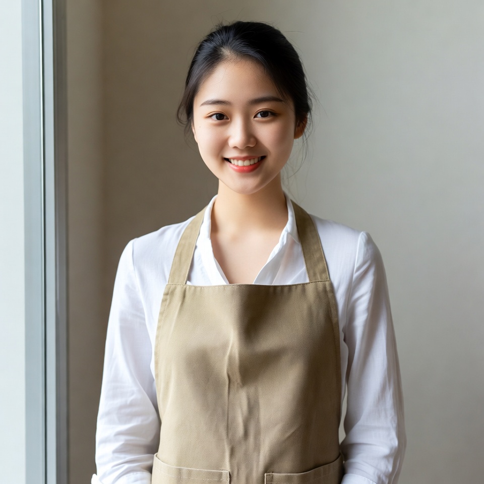 Smiling young woman in apron standing indoors Smiling young woman in apron standing indoors