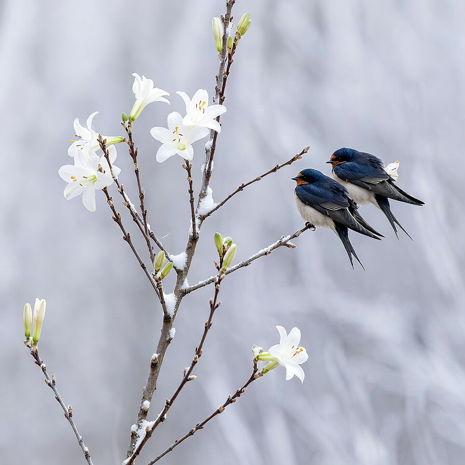 Birds resting on flower branch in winter Birds resting on flower branch in winter