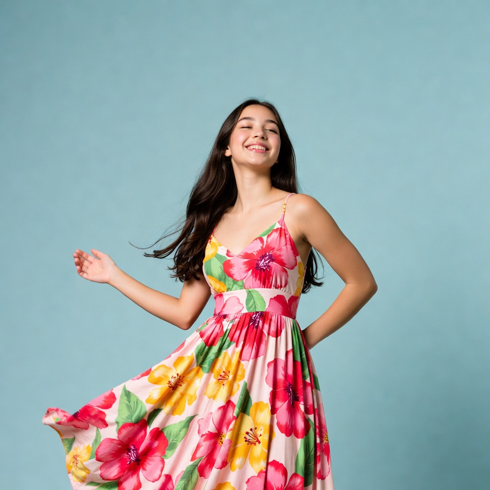 Young girl dances in floral dress Young girl dances in floral dress