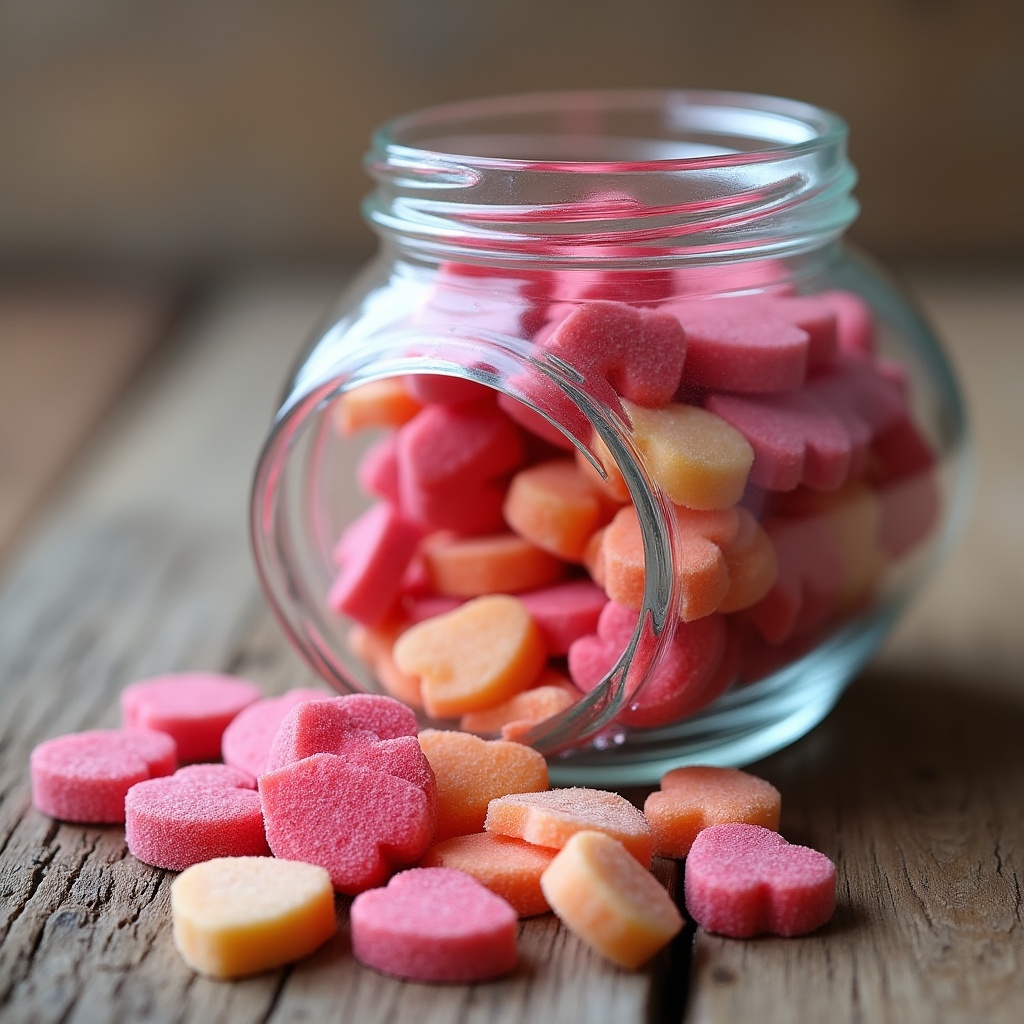 Candy hearts spill from jar Candy hearts spill from jar