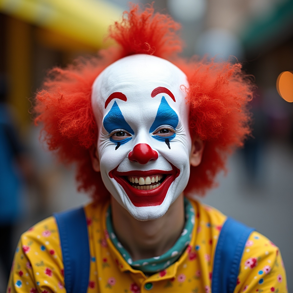Clown smiling in a busy street Clown smiling in a busy street