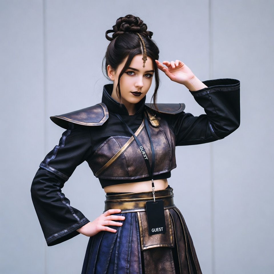 Young woman in unique black outfit Young woman in unique black outfit