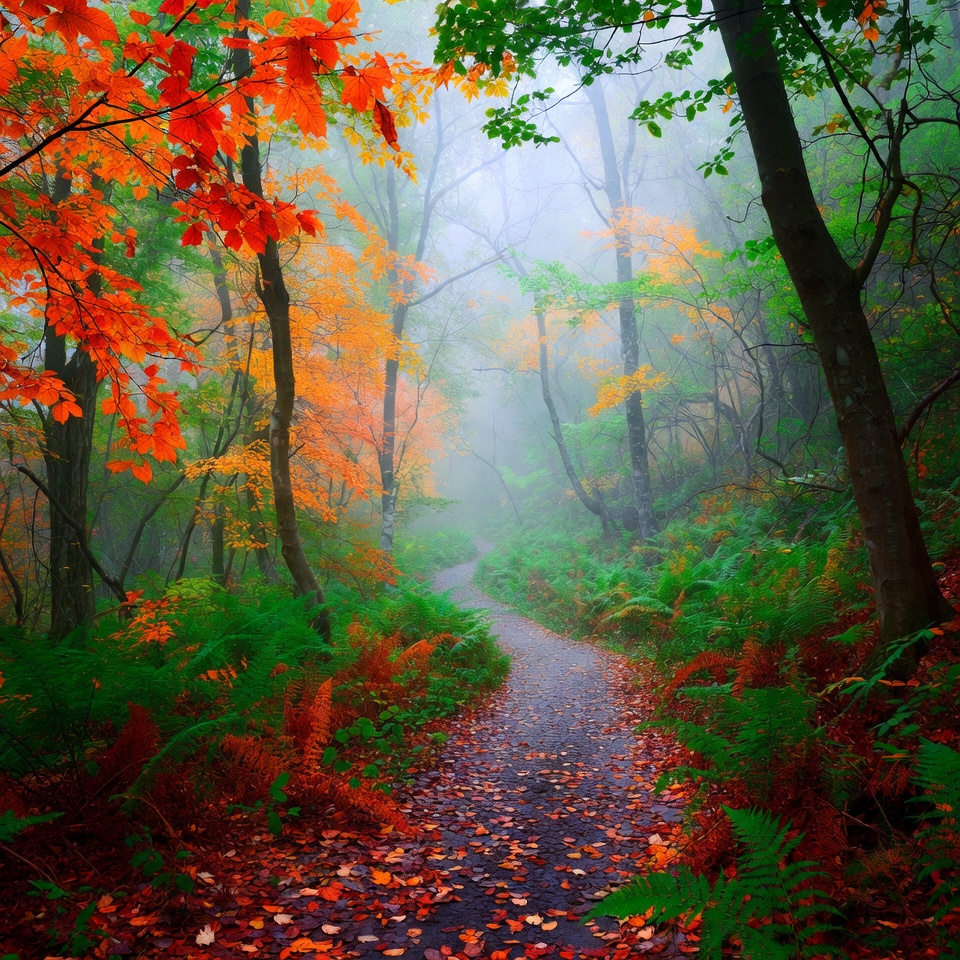 Colorful autumn path in fog Colorful autumn path in fog