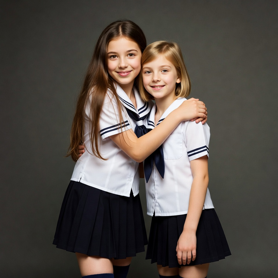 Two girls hugging in uniform Two girls hugging in uniform