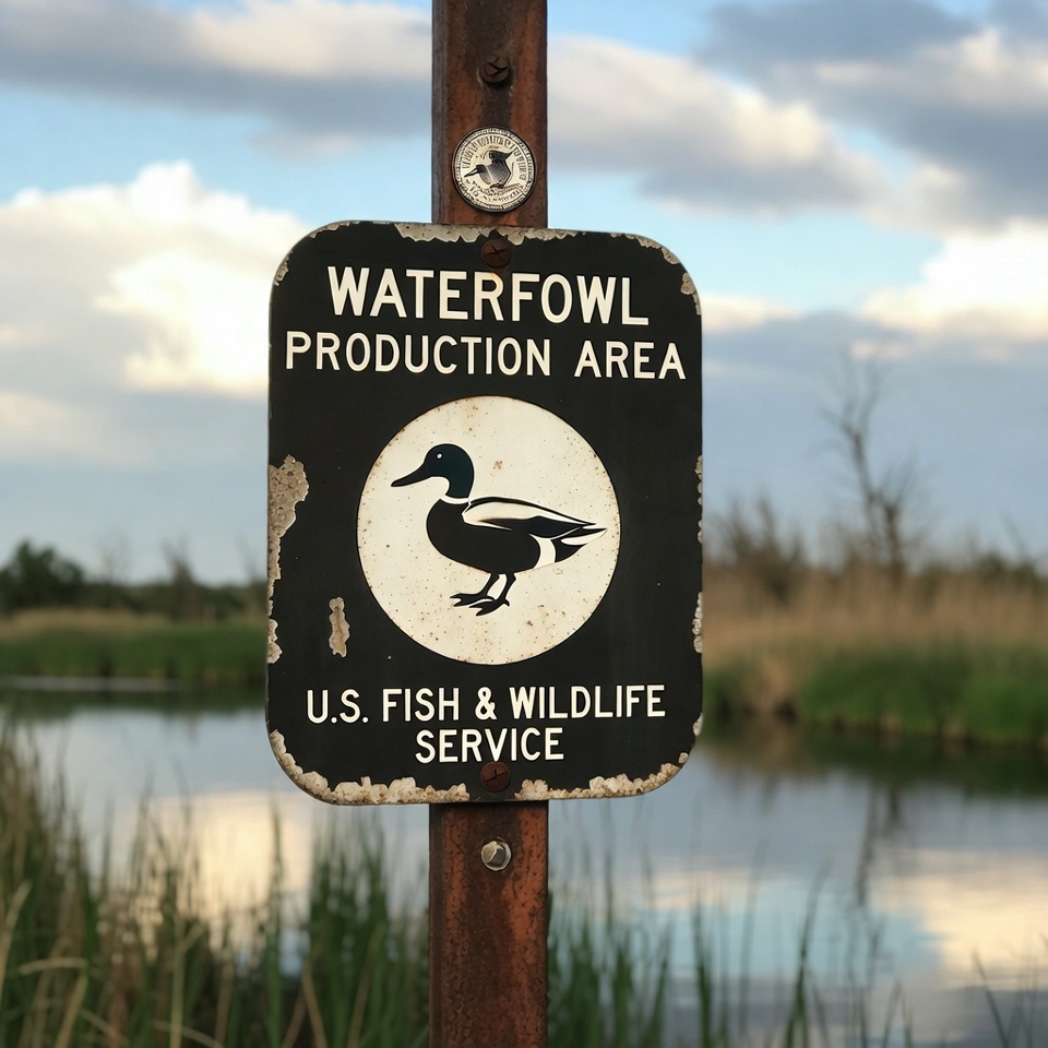 Waterfowl production area sign near water Waterfowl production area sign near water