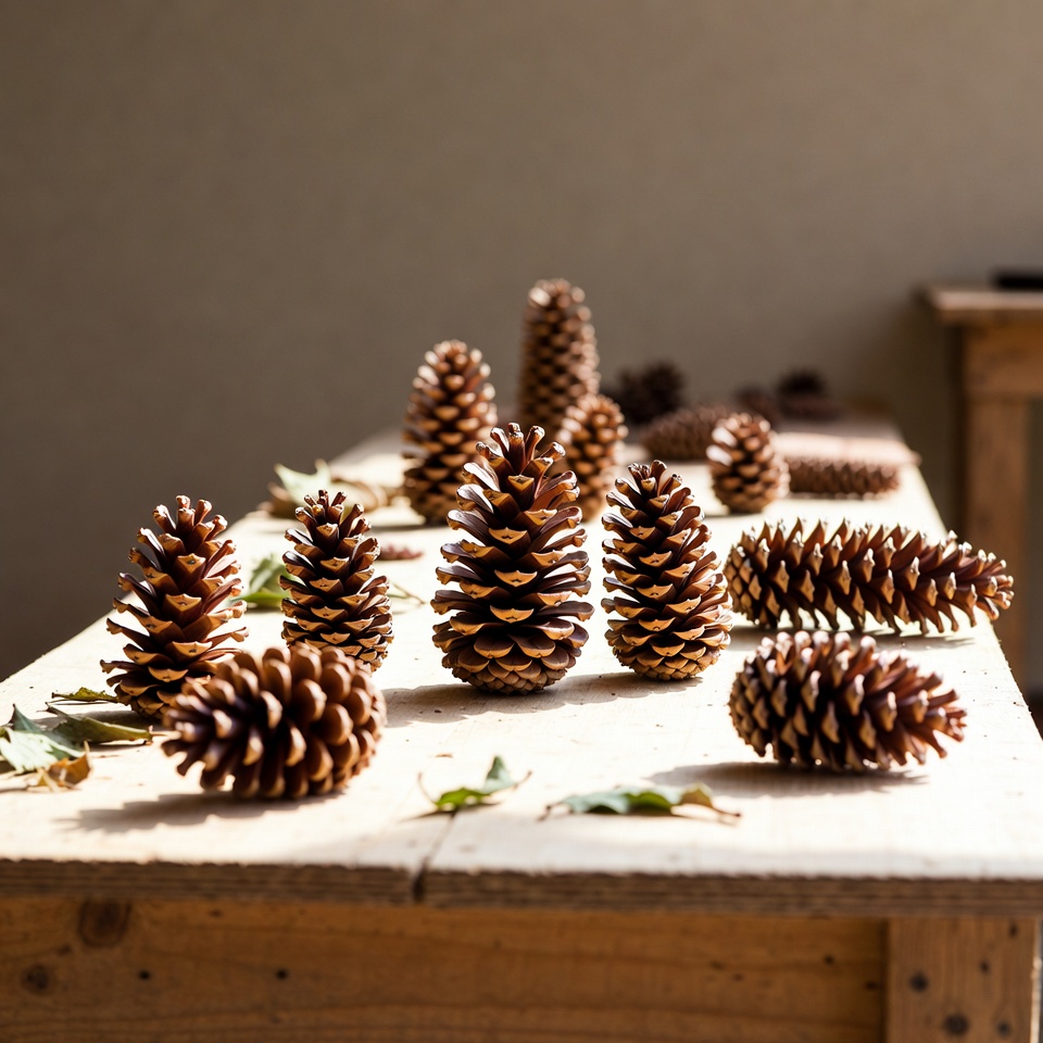 Pinecones arranged on wooden table Pinecones arranged on wooden table