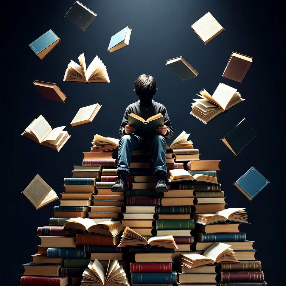 Child reading on a stack of books Child reading on a stack of books