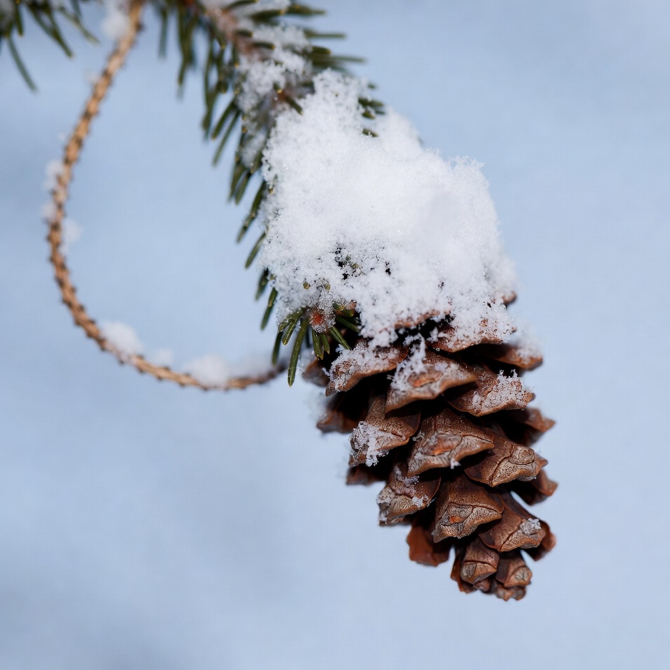 Snow-covered pine cone in winter Snow-covered pine cone in winter
