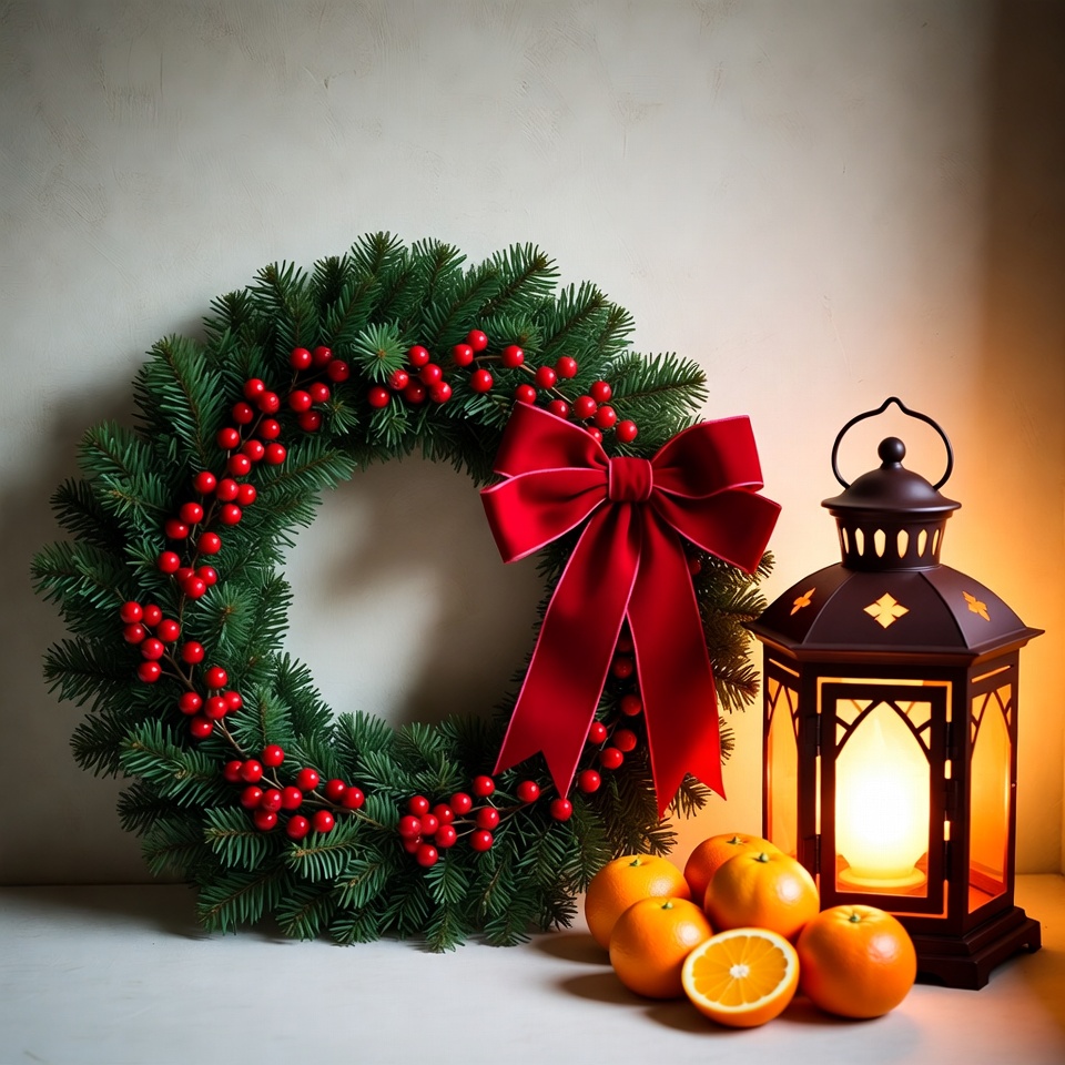 Holiday wreath with lantern and fruit Holiday wreath with lantern and fruit