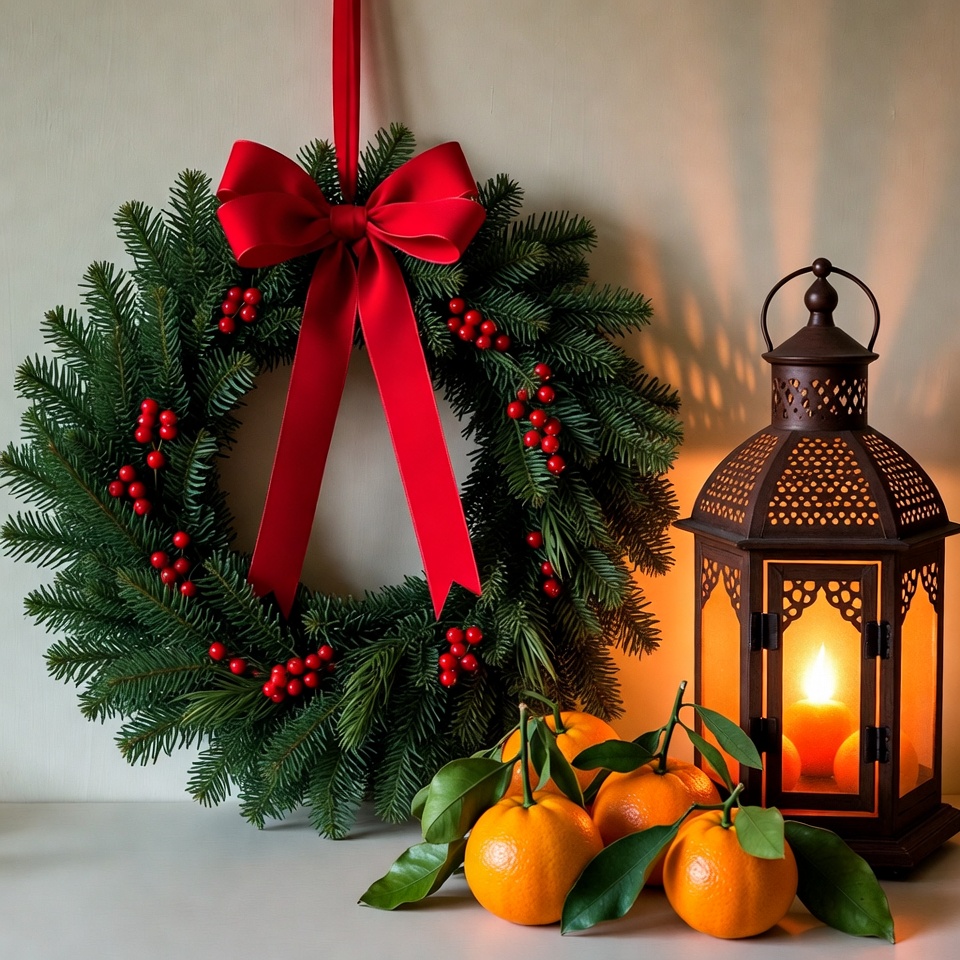 Christmas wreath and lantern display Christmas wreath and lantern display