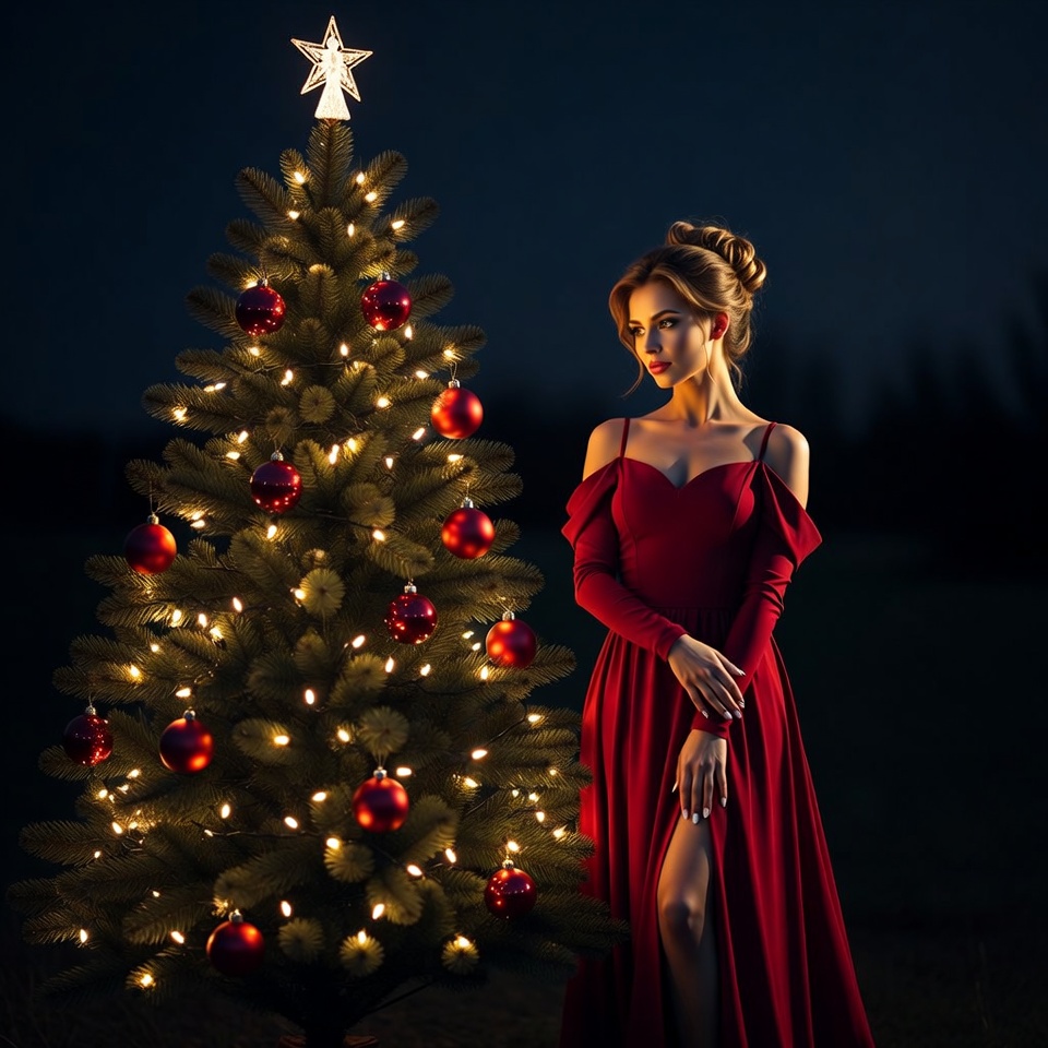 Woman by christmas tree at night Woman by christmas tree at night