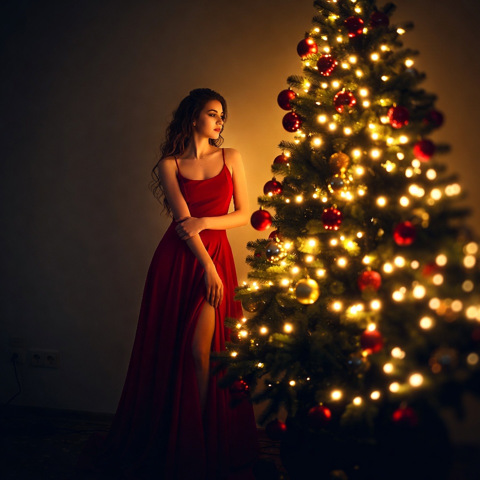 Woman by christmas tree at night Woman by christmas tree at night