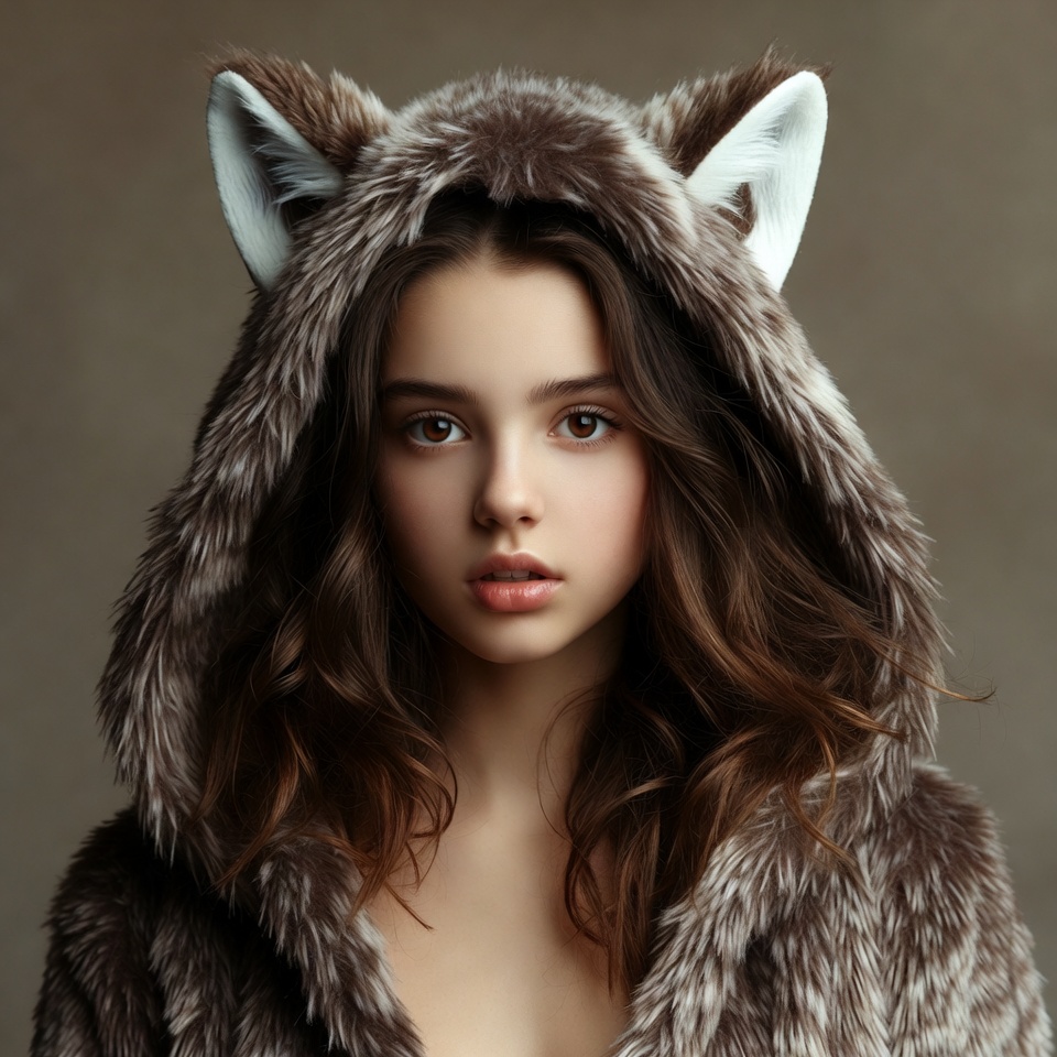 Girl wearing fur hood with ears Girl wearing fur hood with ears