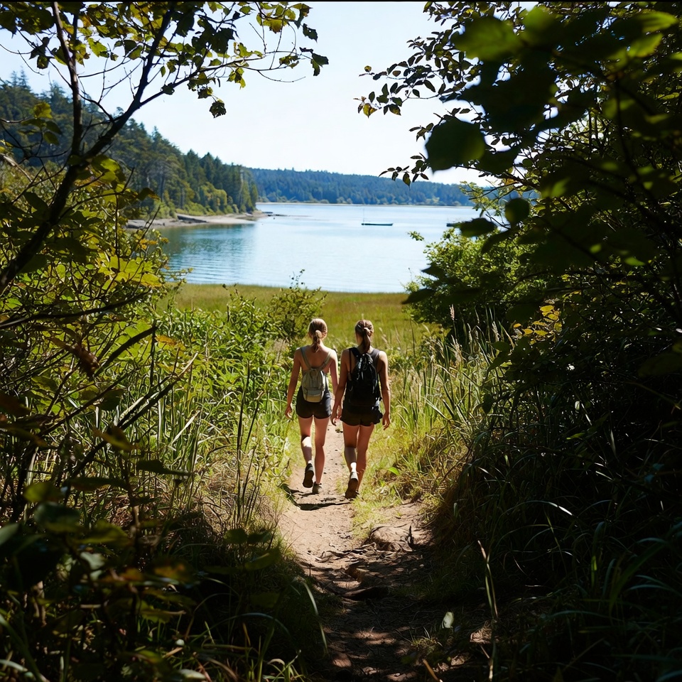 Two people walking near water Two people walking near water