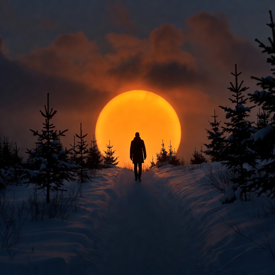Person walking in winter landscape at sunset Person walking in winter landscape at sunset